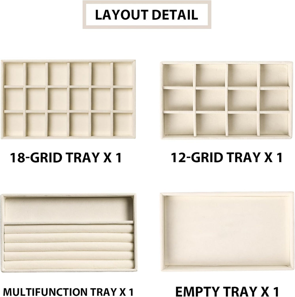 Frebeauty Jewelry Organizer Tray,Stackable Velvet Jewelry Trays,Drawer Inserts Earring Organizer For Women Jewelry Storage Display Case for Rings Stud Necklaces,Set of 4(Beige)