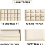 Frebeauty Jewelry Organizer Tray,Stackable Velvet Jewelry Trays,Drawer Inserts Earring Organizer For Women Jewelry Storage Display Case for Rings Stud Necklaces,Set of 4(Beige)
