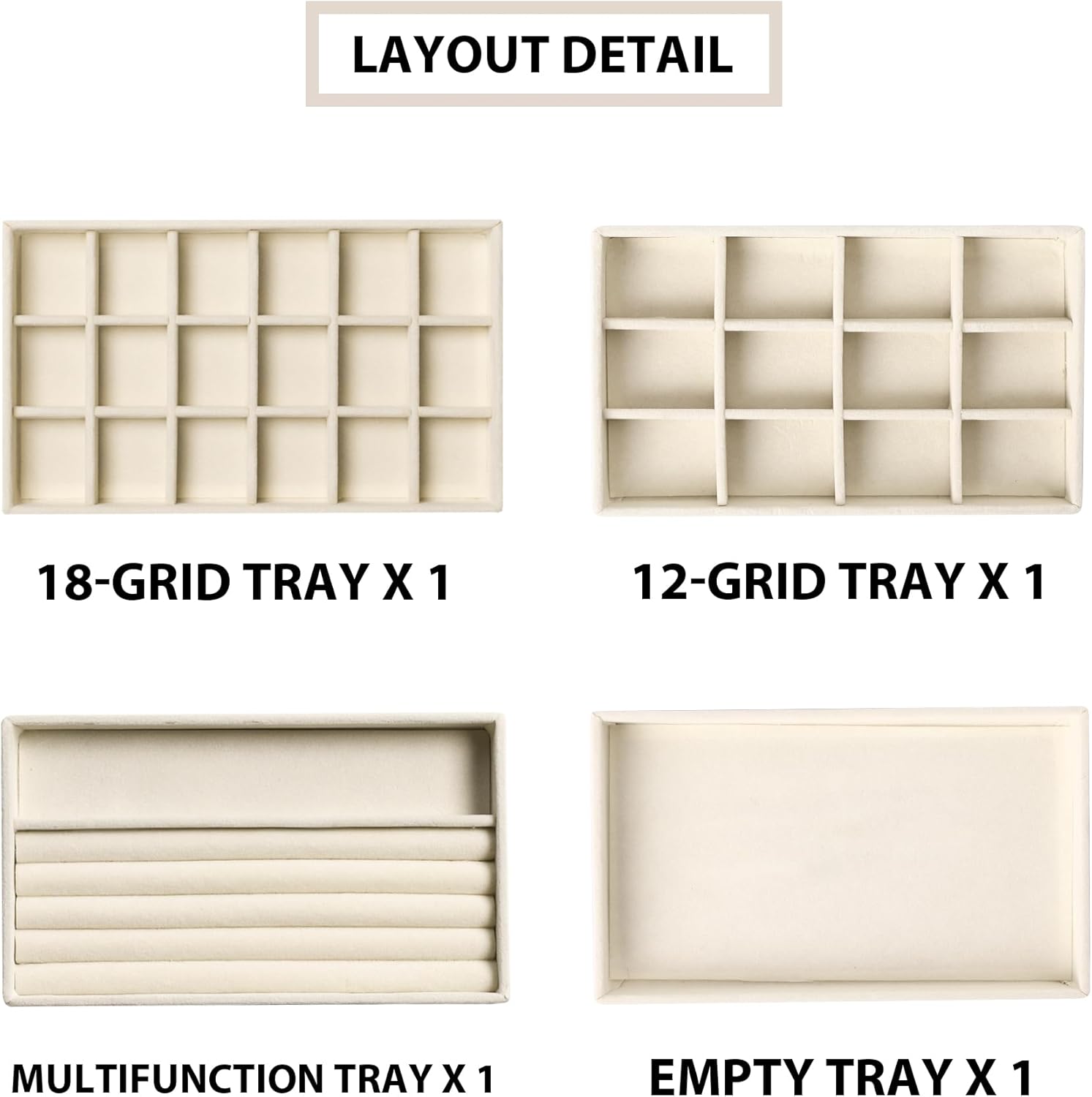 Frebeauty Jewelry Organizer Tray,Stackable Velvet Jewelry Trays,Drawer Inserts Earring Organizer For Women Jewelry Storage Display Case for Rings Stud Necklaces,Set of 4(Beige)