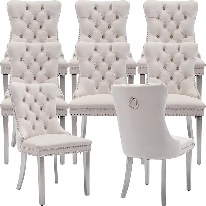 Mid Century Modern Dining Chairs Set of 8, Beige Velvet Upholstered Tufted Back, Kitchen & Dining Room Chairs, Brushed Silver Metal Legs, Nailhead Trim, Sillas para Comedor (Beige, 8 Pcs)