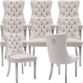 Mid Century Modern Dining Chairs Set of 8, Beige Velvet Upholstered Tufted Back, Kitchen & Dining Room Chairs, Brushed Silver Metal Legs, Nailhead Trim, Sillas para Comedor (Beige, 8 Pcs)