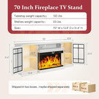 MXV 70'' Fireplace TV Stand, Farmhouse Entertainment Center with 3 Sided Glass TV Stand, Modern Media Console Table with Storage Drawers & Cabinets with LED Flame and Lights for Living Room, White