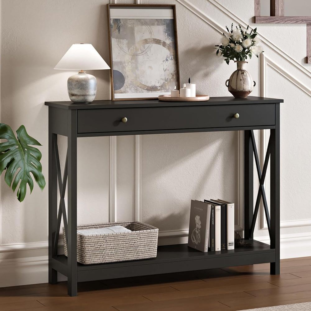 Treocho Black Console Table with Drawer and Storage Shelves, Foyer Sofa Table...