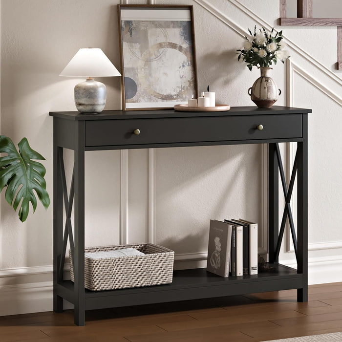 Treocho Black Console Table with Drawer and Storage Shelves, Foyer Sofa Table Narrow for Entryway, Living Room, Hallway | Entryway, Living Room, Hallway, Antique, Black
