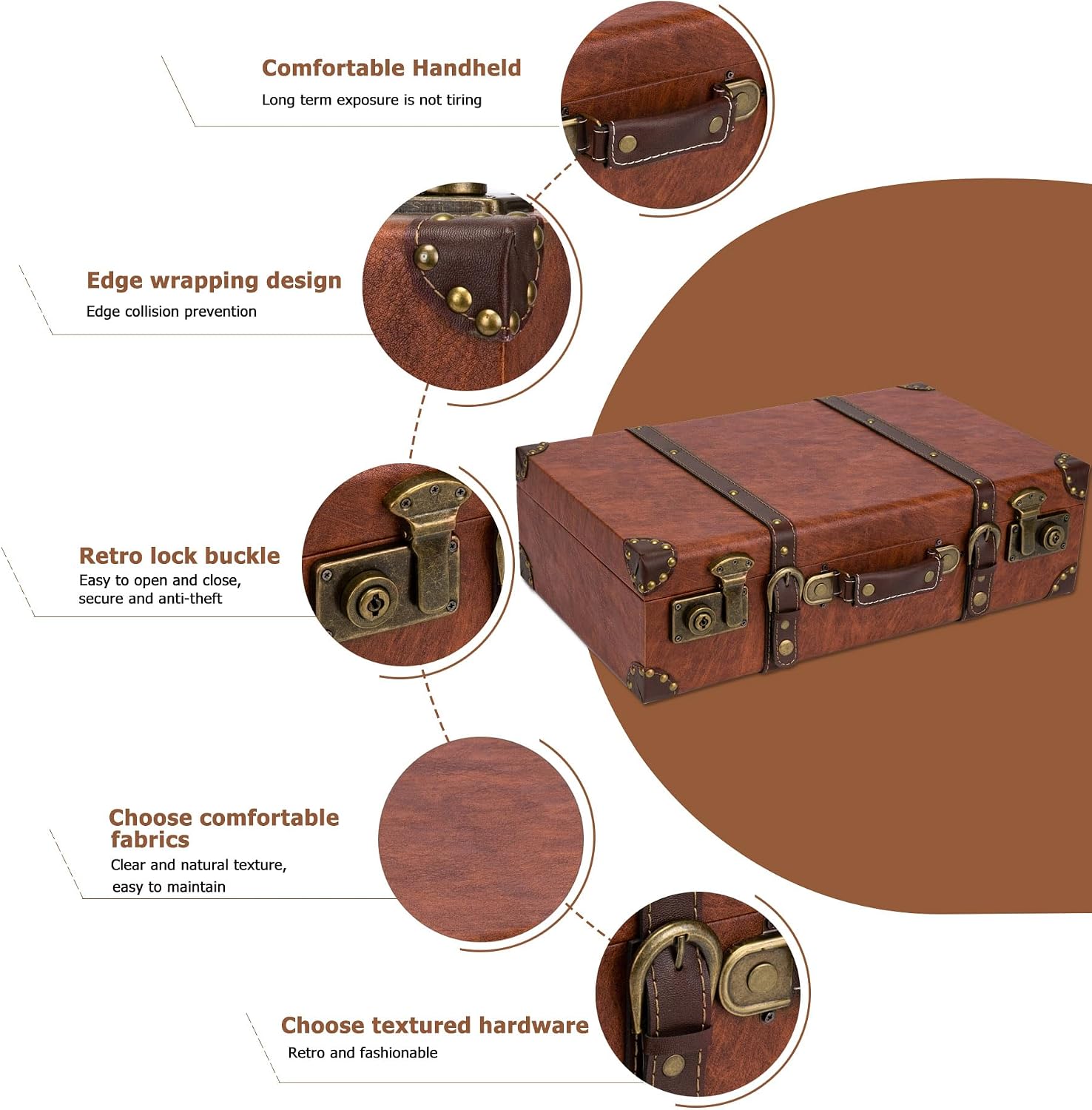 feilario Vintage Leather Storage Trunk, Wooden Core Decorative Prop | Wooden core, leather wrap and riveted corners create vintage charm for decor, photoshoots, gifting and display