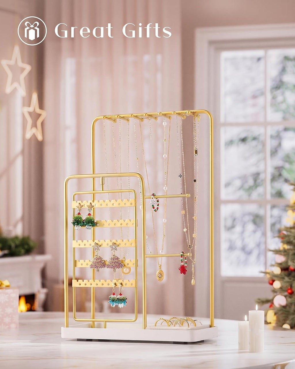 ProCase Jewelry Stand Holder Organizer and Storage, Gold | Rotating Earring Bracelet Holder Storage, Hanging Jewelry Display Velvet Ring Tray, Teen Girls Birthday Gifts Room Dorm Decor