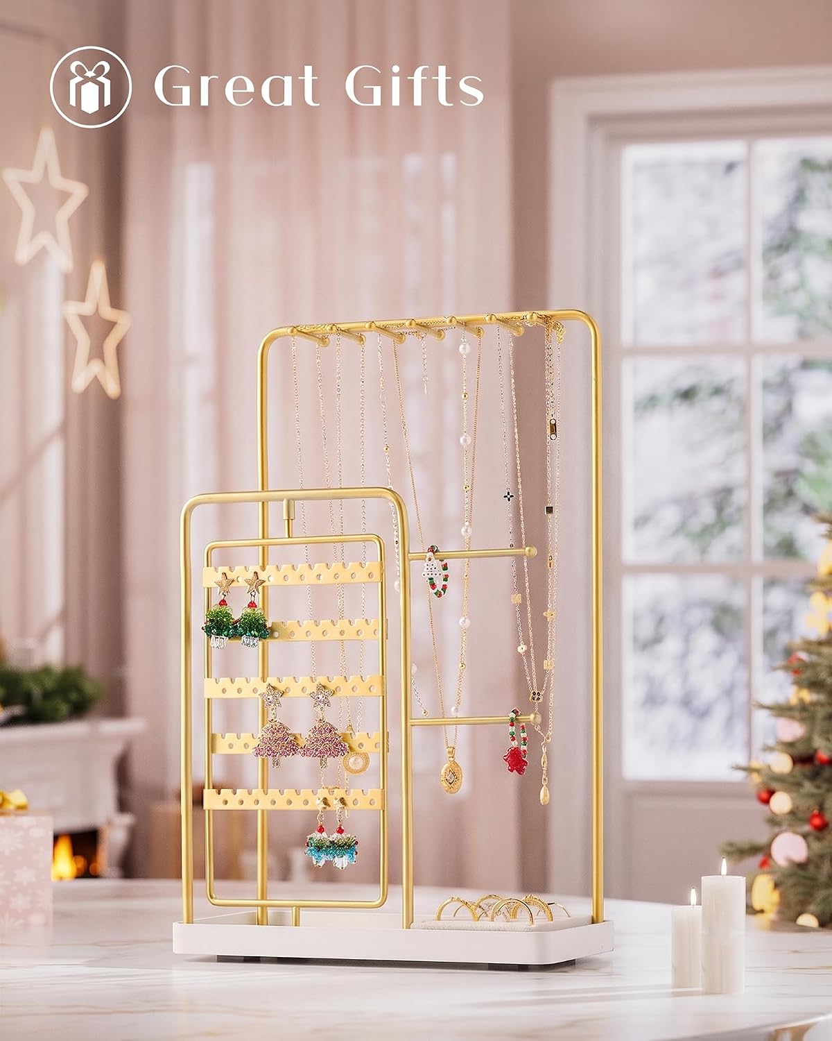 ProCase Jewelry Stand Holder Organizer and Storage, Gold | Rotating Earring Bracelet Holder Storage, Hanging Jewelry Display Velvet Ring Tray, Teen Girls Birthday Gifts Room Dorm Decor