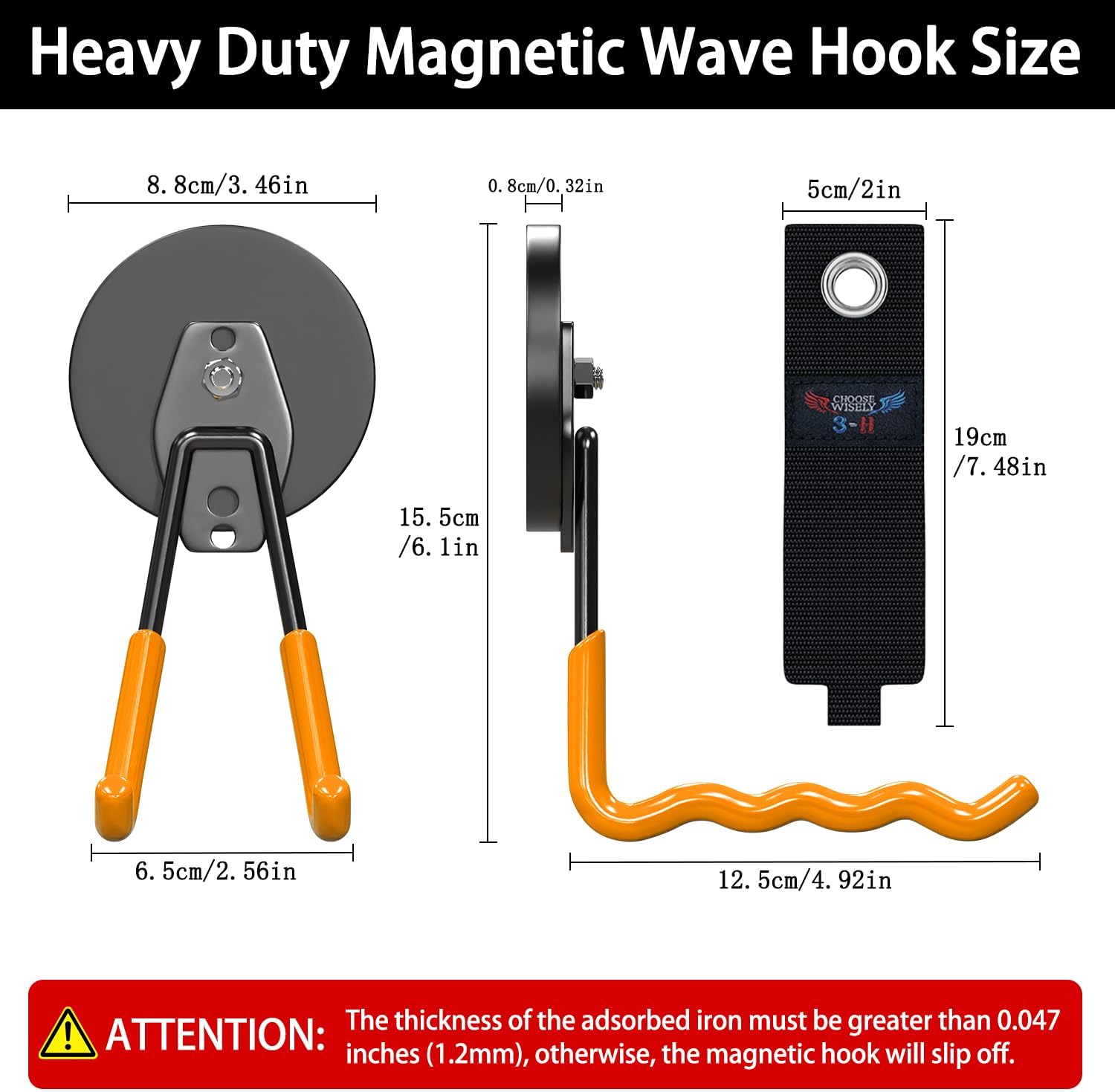 3-H Magnetic Wave Hooks Heavy Duty 2 Pack, Large Magnet Garage Hooks Heavy Duty and Strong Utility Magnetic Tool Holde for Hanging and organizing Garden Power Tool (Orange