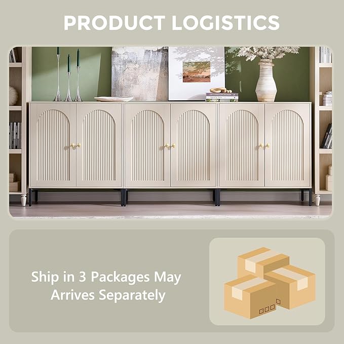 Modern TV Stands for 80 Inch TV, 92.63" W Wood Entertainment Center w/Adjustable Shelves, Mid Century Modern TV Stand w/Arched Fluted Doors, Media Console Cabinet for Living Room, Cream