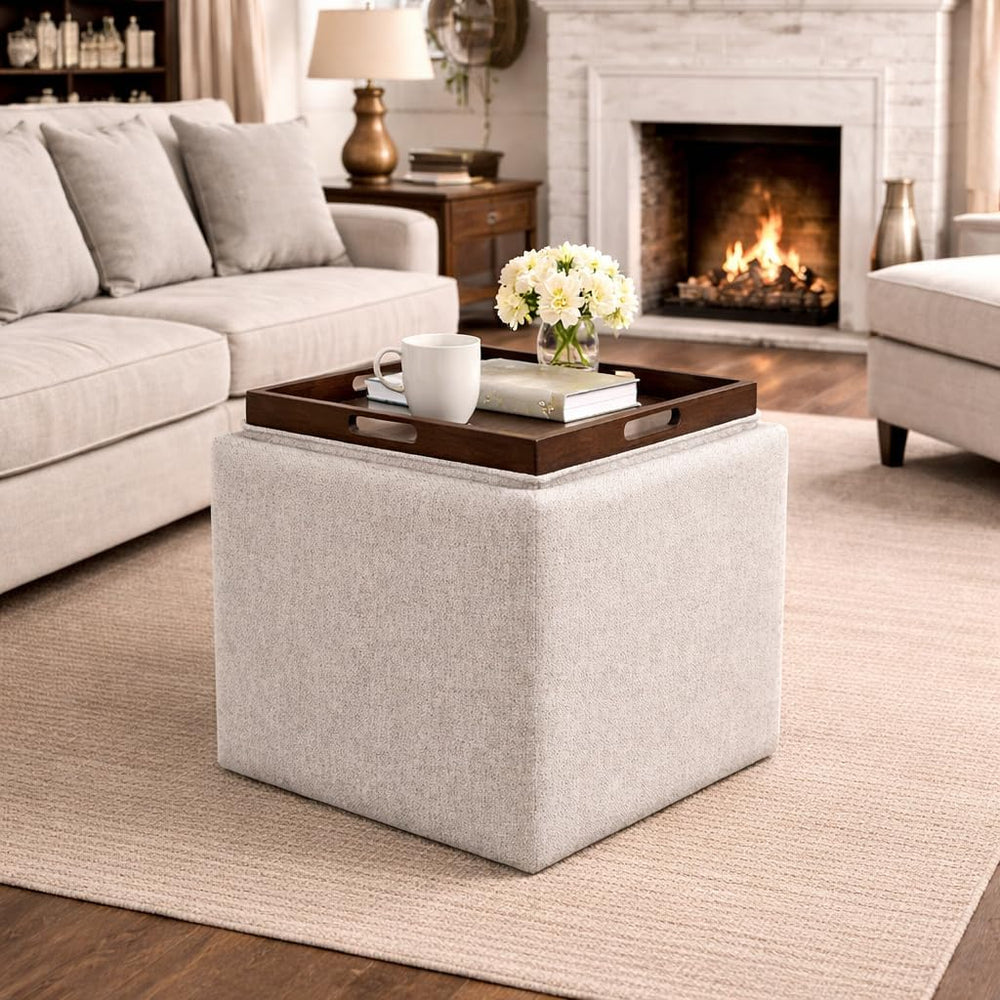 HomePop 17.5" Storage Ottoman with Tray Top - Light Brown Woven
