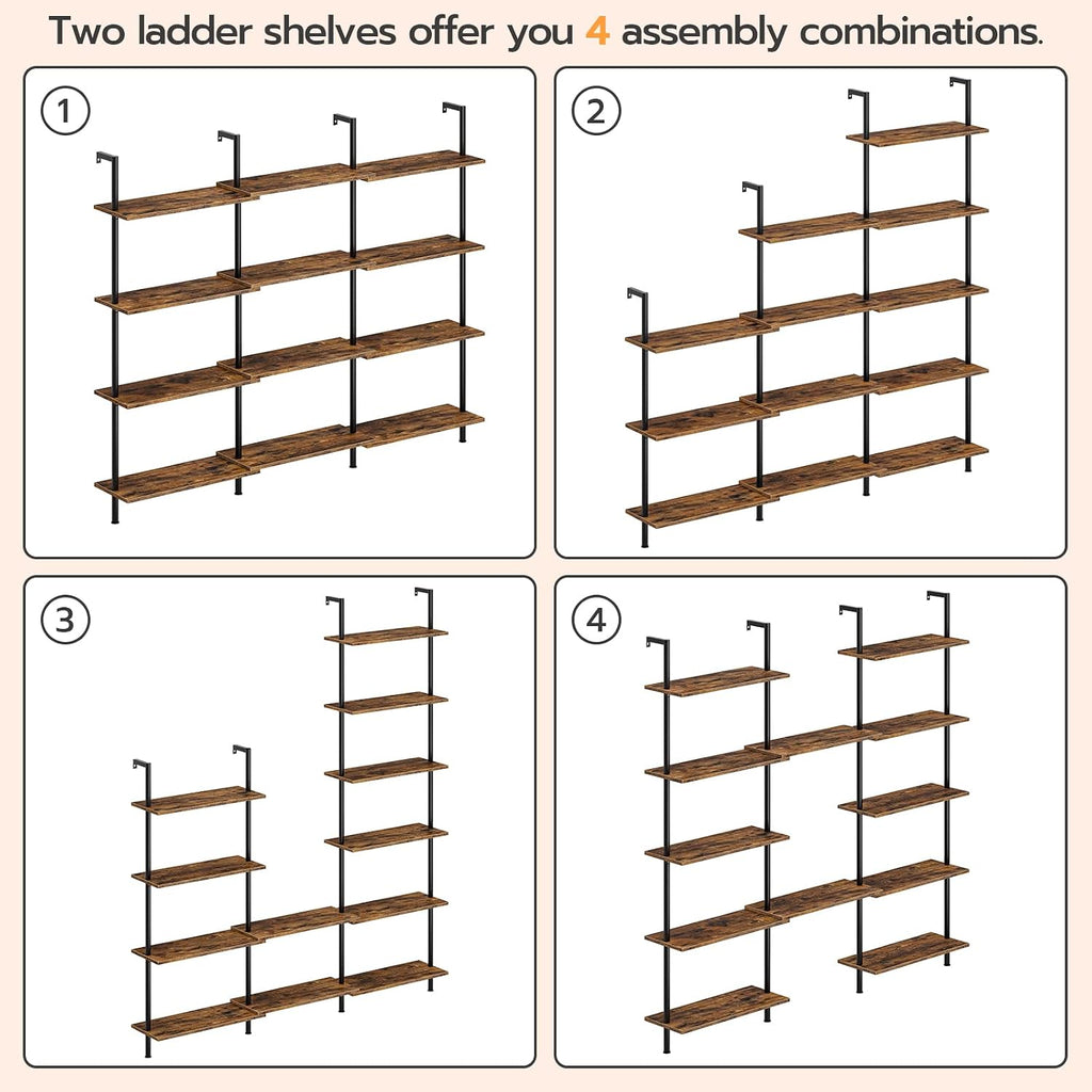 HOOBRO DIY Ladder Shelf, 6-Tier Wall Mounted Bookshelf, Office Vertical Bookcase, Wooden Storage Shelves for Home Office, Bedroom, Rustic Brown and Black BF65CJ01