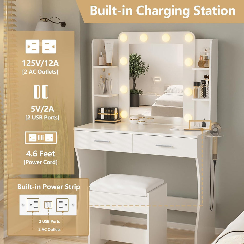 Vabches White Makeup Vanity Desk with Lighted Mirror & Charging Station |...
