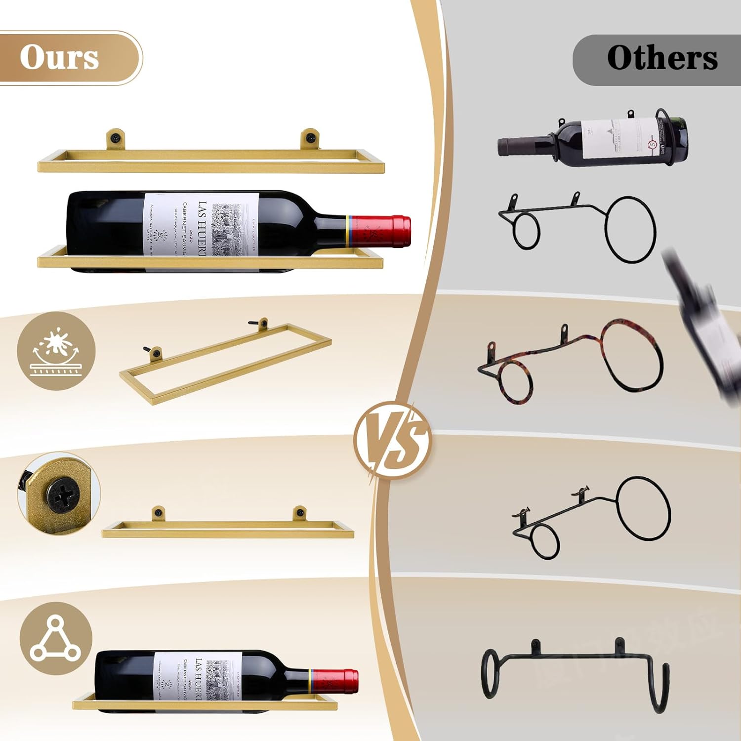6-Shelf Metal Wall Mounted Wine Rack - Hanging Wine Bottle Holder Organizer for Kitchen, Bar, Home Storage - 6PCS Iron Wine Bottle Display Stand (6PCS-Gold)
