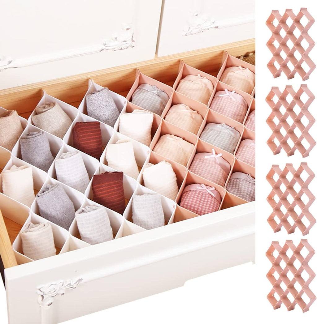 ROUFA Sock Drawer Organizer for Dresser, Honeycomb Underwear Dividers for Women, Panty Separator for Bras, Socks, Belt and Leggings (24pcs.Pink)