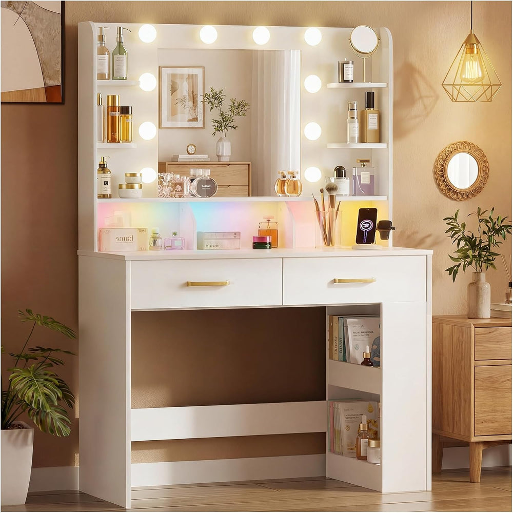 LUCKRACER Vanity Desk with LED Lights Mirror & Charging Station, Makeup V...