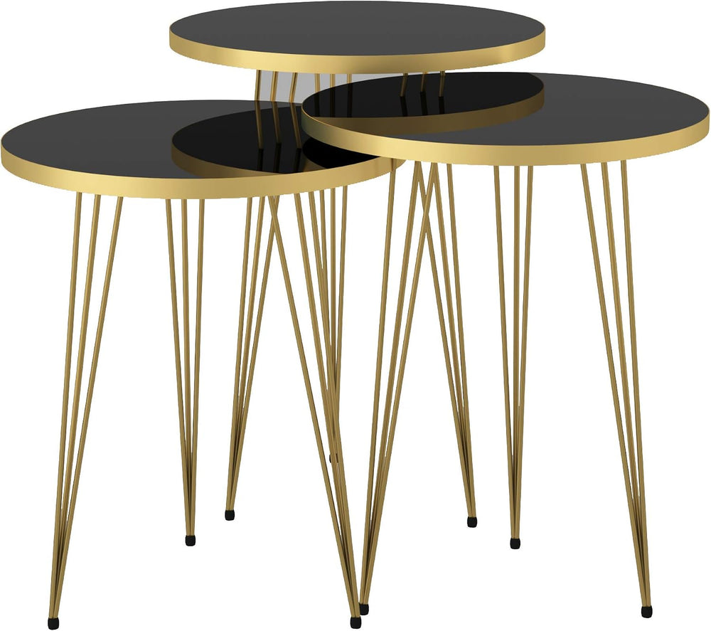 Set of 3 High Gloss Black Gold Legs Nesting End Tables Round Wood Stacking Co...