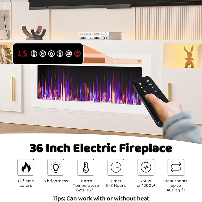 Lemberi Fireplace tv Stand with 36 inch White Fireplace Up to 90" TVs, LED Light Entertainment Center and Storage, 80" Modern Wood Media TV Console with Highlight Cabinet for Living Room
