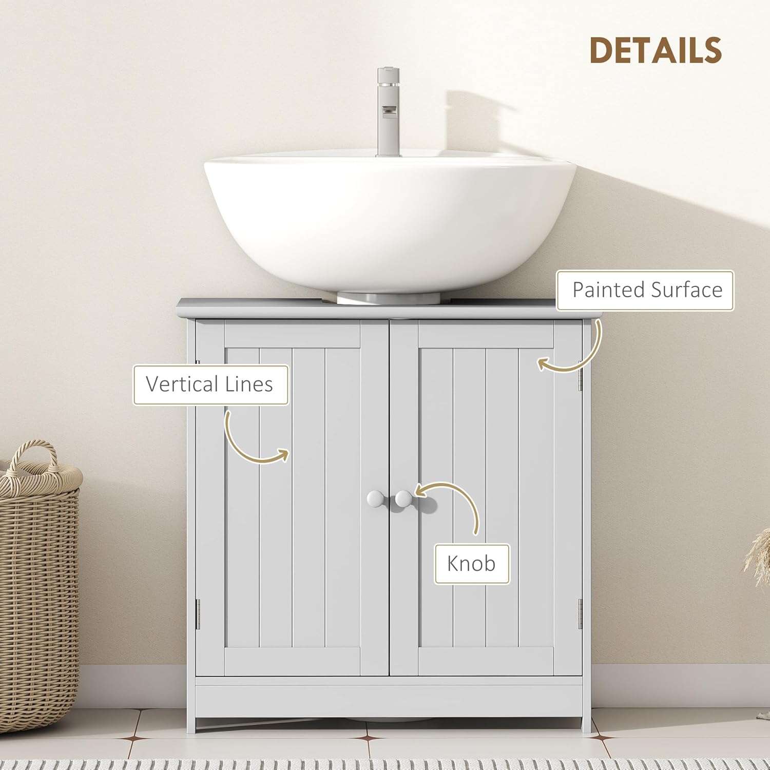 HOMCOM Under Sink Bathroom Cabinet, Pedestal Sink Storage Cabinet with 2 Doors, Shelf and U-Shape, Light Gray