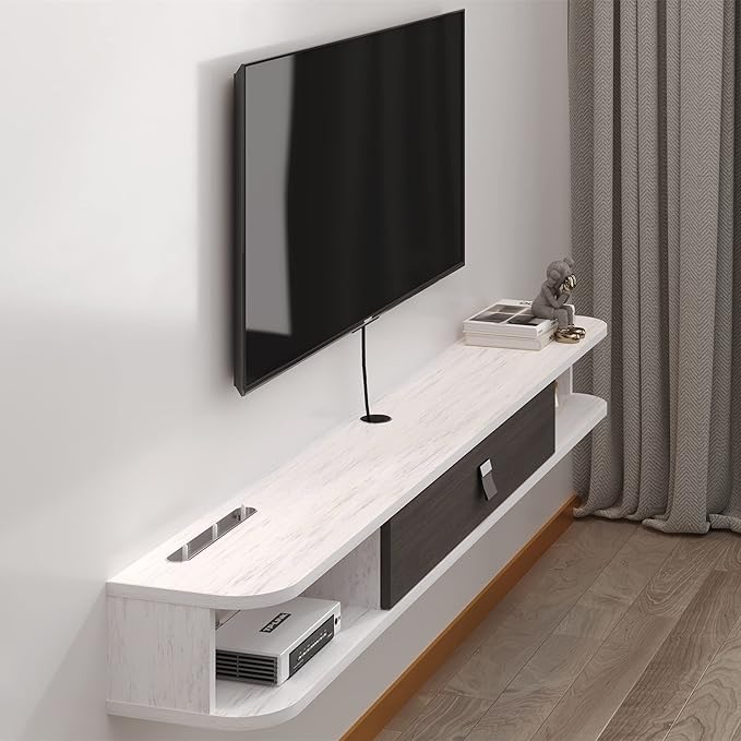 Floating TV Unit, 71'' Wall Mounted TV Cabinet, Floating Shelves with Door, Modern Entertainment Media Console Center Large Storage TV Bench for Living Room & Office (70.86IN, Grayish White)