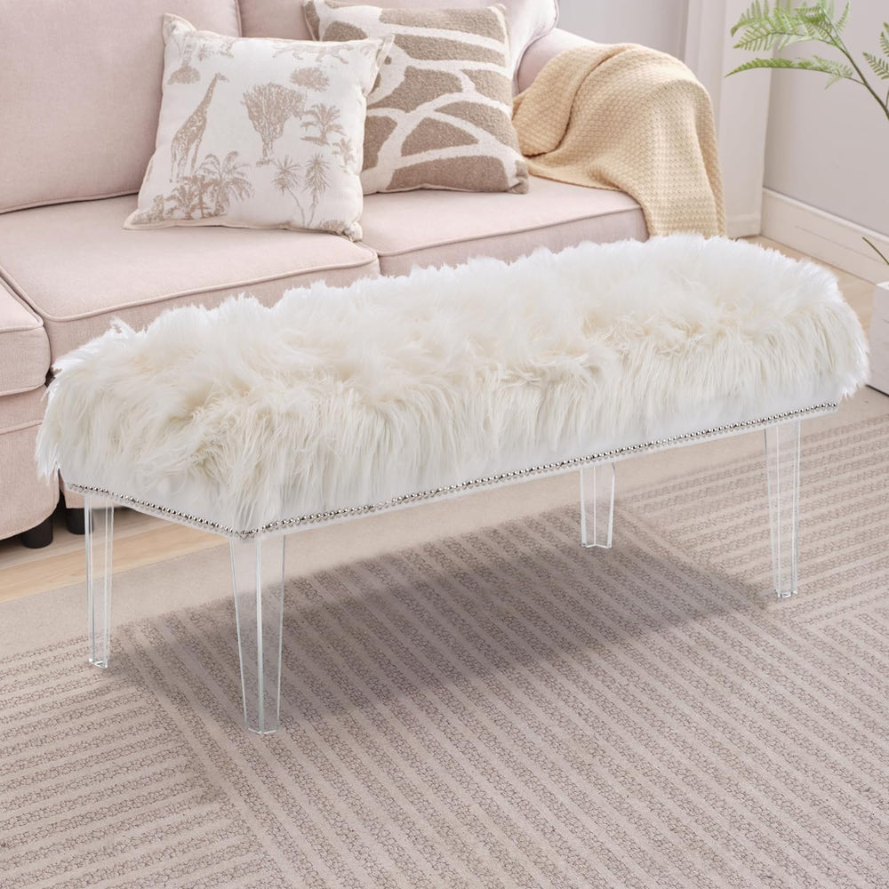 Modern White Faux Fur Ottoman Bench - Upholstered Furry Bench with Acrylic Le...