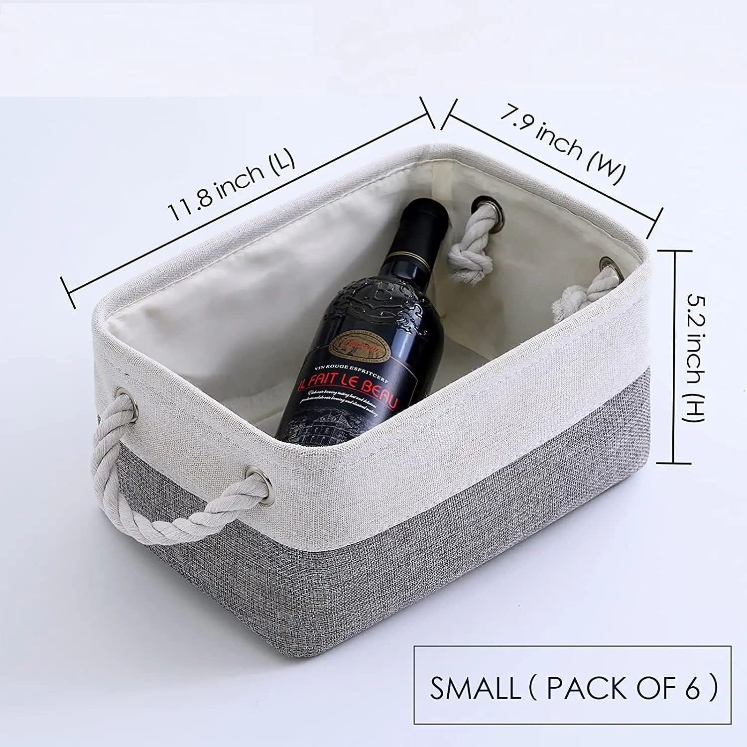 TcaFmac Small Storage Baskets for Shelf 6 Pack Canvas Storage Basket with Handles Fabric Storage Basket for Organizing Storage Bin (White and Grey, 12x8x5")