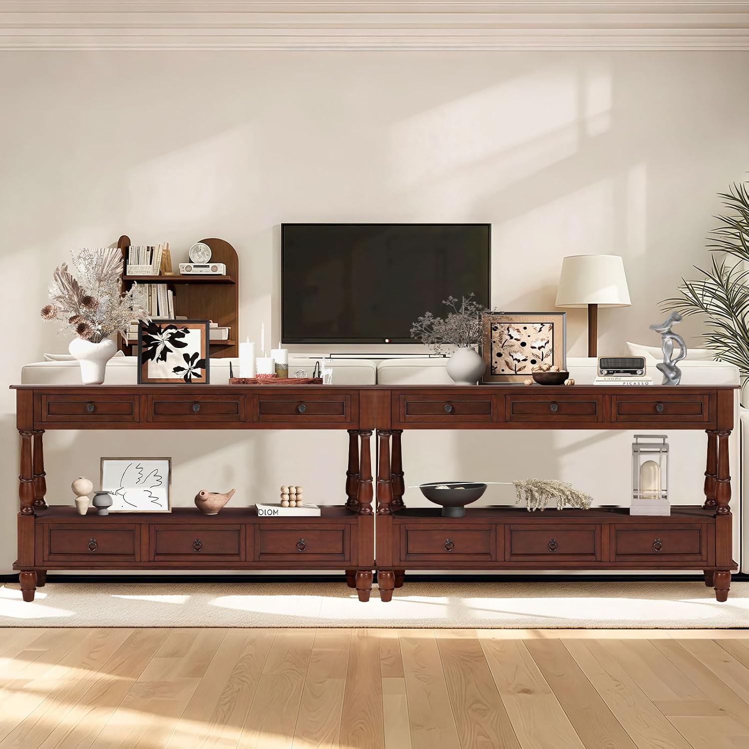 LKTART 54'' Solid Wood Console Table, Farmhouse Entryway Table with 6 Drawers and Shelf, Narrow Long Sofa Table with Storage for Living Room Hallway, Couch, Foyer (Cherry)