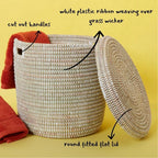 Small White Storage Basket - Laundry Hamper, Baby Nursery Toys Bin, Living Room Blankets Storage, Towels Holder, Organizing, Decorative - Wicker, Woven, Lid, Handles