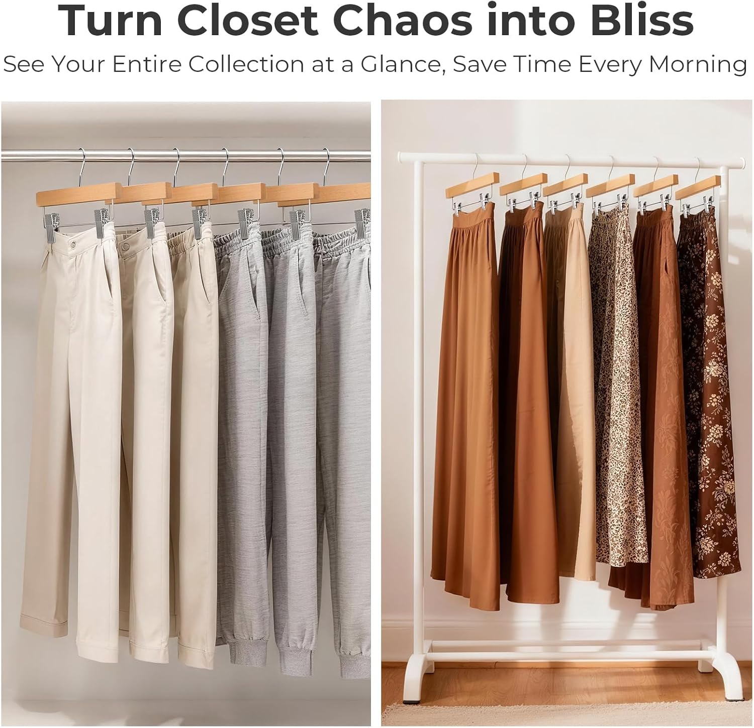 HOUSE DAY Premium Wooden Pants Hangers 100 Pack, Solid Lotus Wood Skirt Hangers with 2-Adjustable Clips, Heavy Duty & Anti Slip Wood Bottom Hanger for Slacks, Jeans, Trousers, Shorts (Natural)