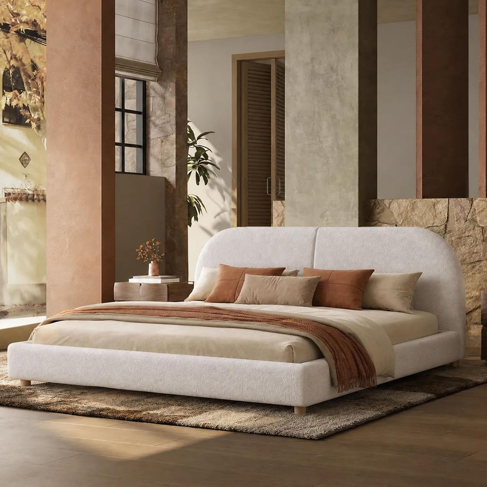 Kenhome Queen Size Boucle Cloud Bed Frame, Upholstered Platform Bed with Curv...