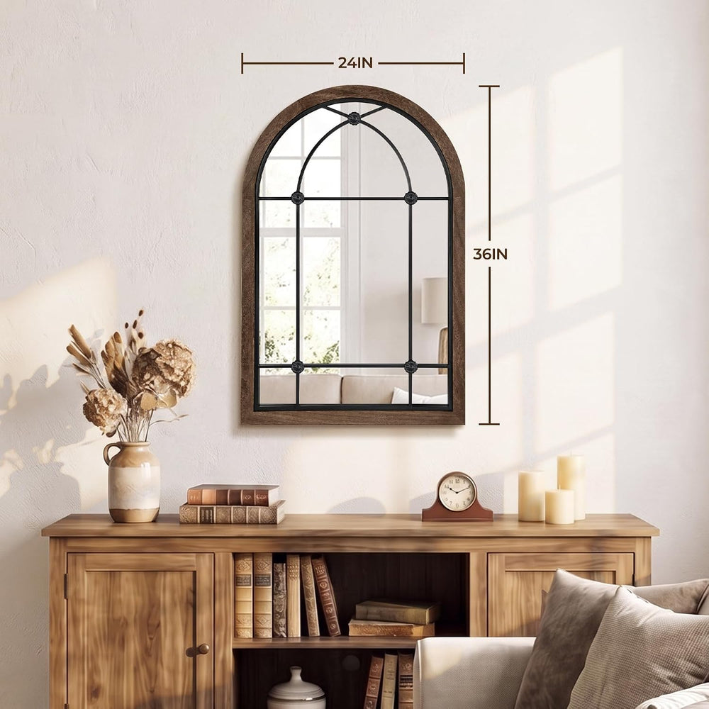 36x24 Inch Arched Window Pane Mirror , Wood Frame Farmhouse Mirror