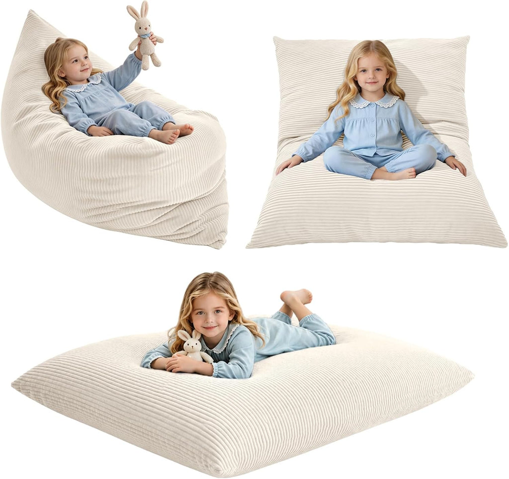 3-in-1 Kids Bean Bag Chair, Convertible Floor Cushion | Odor-Free Shredded Foam Resists Clumping, Removable Corduroy Cover, Cozy Lounge Seating for Bedrooms, Playrooms, Classrooms