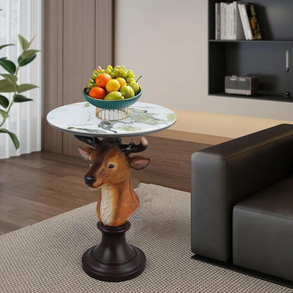 Deer Head Accent Table with Faux Marble Top, 25.59" Resin Animal Statue ...