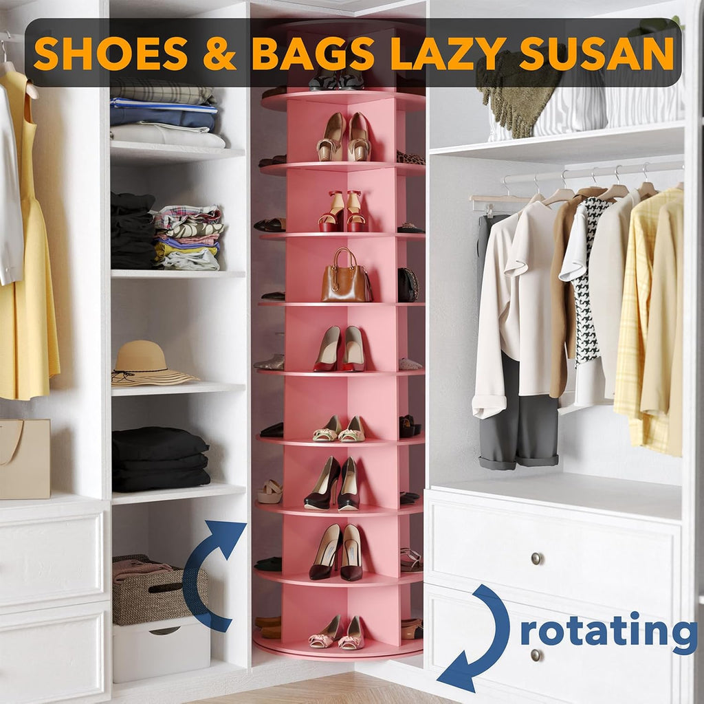 SpaceAid 9 Tier Rotating Shoe Rack Tower, Spinning Shoe Display Lazy Susan, Revolving 360 Shoe Rack Storage Round Carousel, Vertical Handbag Rotate Shoes Closet Organization (9-Tier Pink)