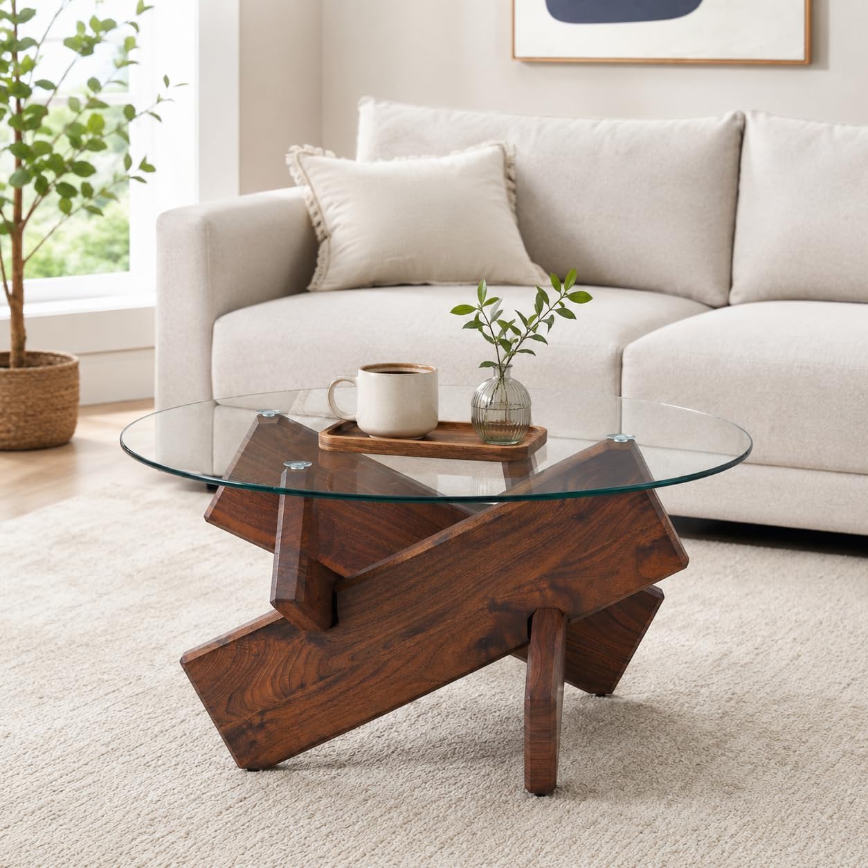 Round Glass Coffee Table, 33.4-Inch Clear Tempered Glass Top | Rustic Walnut-Finish Crossed Base, Modern Glass Center Table for Living Room, Apartment and Small Spaces