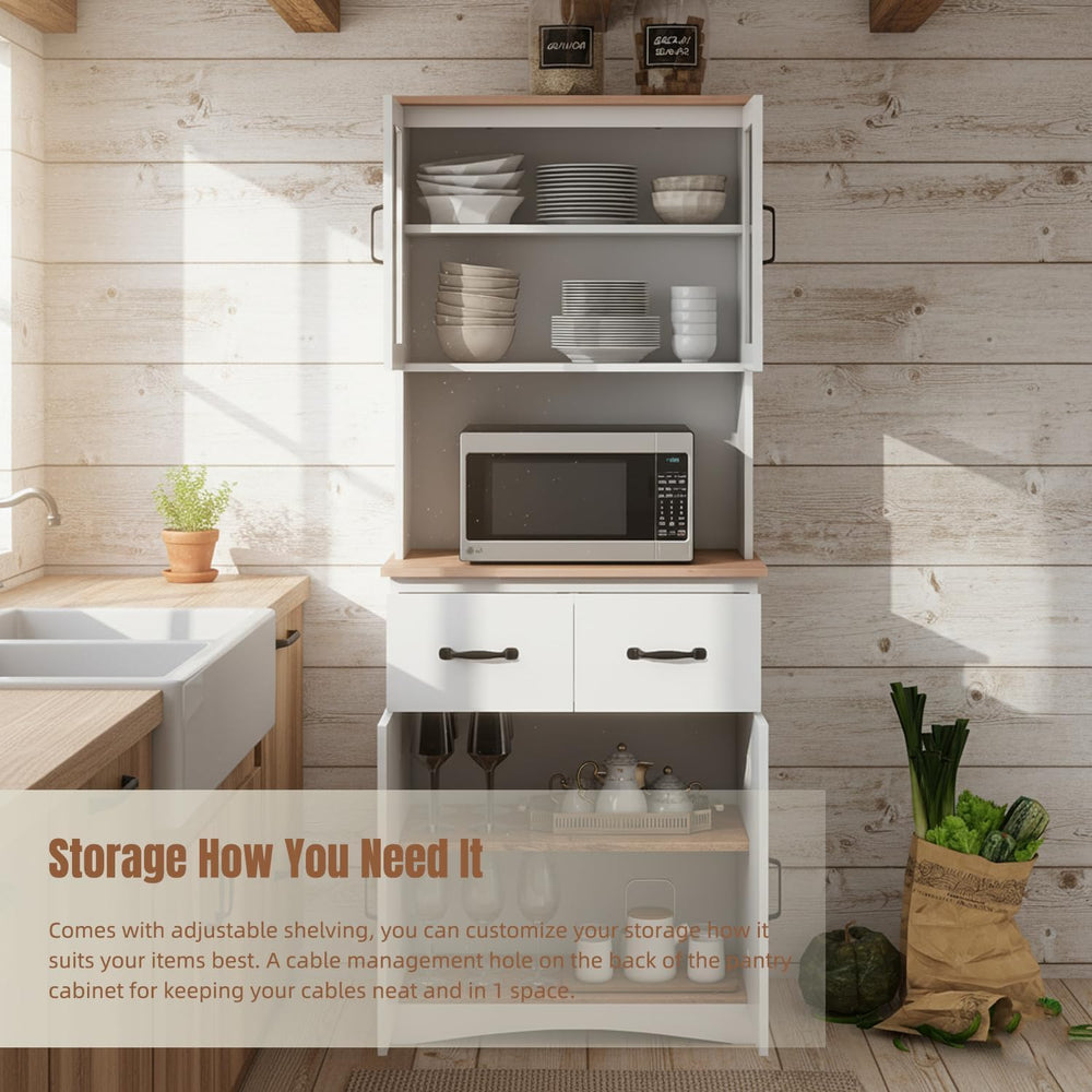 Microwave Cart with Storage, Freestanding Kitchen Pantry Cabinet with Stand &...