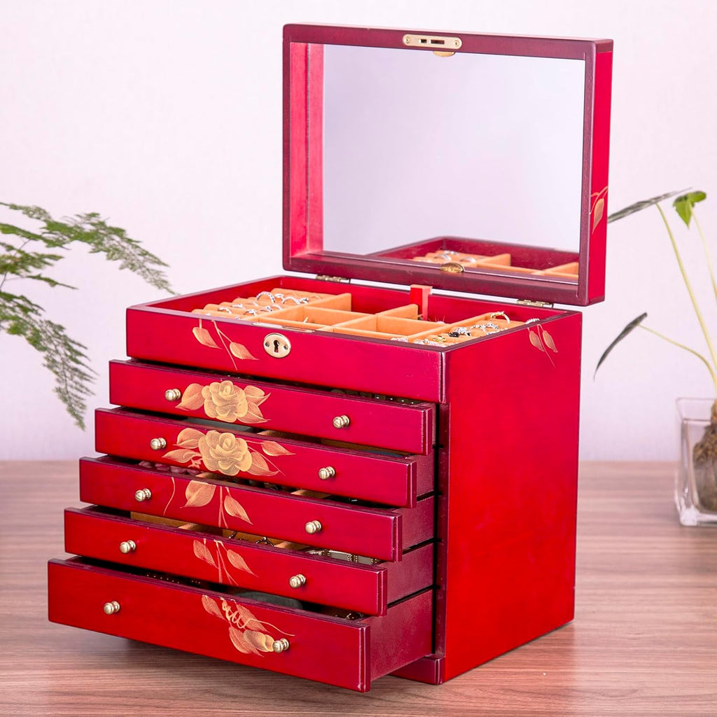 Hand-drawn rose wood jewelry box 6-Layer Jewelry Organizer for women,Large capacity jewelry storage box with lock in red color,store glasses,watches,necklaces,rings,earrings