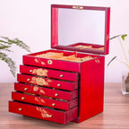 Hand-drawn rose wood jewelry box 6-Layer Jewelry Organizer for women,Large capacity jewelry storage box with lock in red color,store glasses,watches,necklaces,rings,earrings