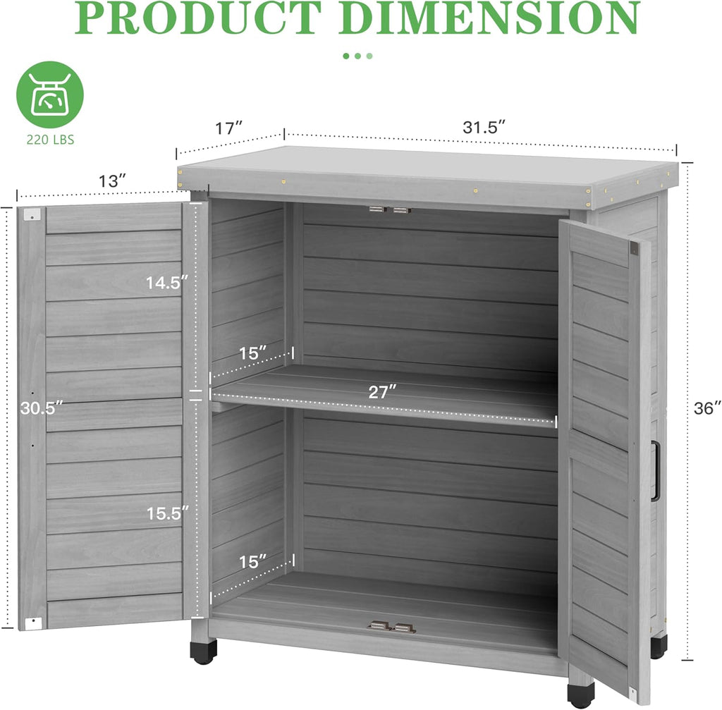 Outdoor Potting Bench with Storage Cabinet and Metal Top, Wood Workstation for Outdoor Patio, Garden (Classic Grey, 31x17x36‘’)