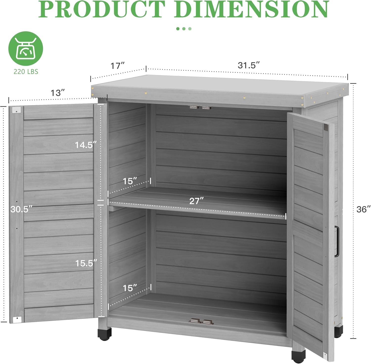 Outdoor Potting Bench with Storage Cabinet and Metal Top, Wood Workstation for Outdoor Patio, Garden (Classic Grey, 31x17x36‘’)