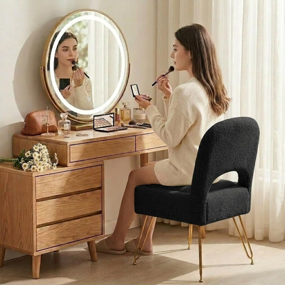 Vanity Stool with Storage & Folding Backrest, Cute Black Faux Fur Makeup ...
