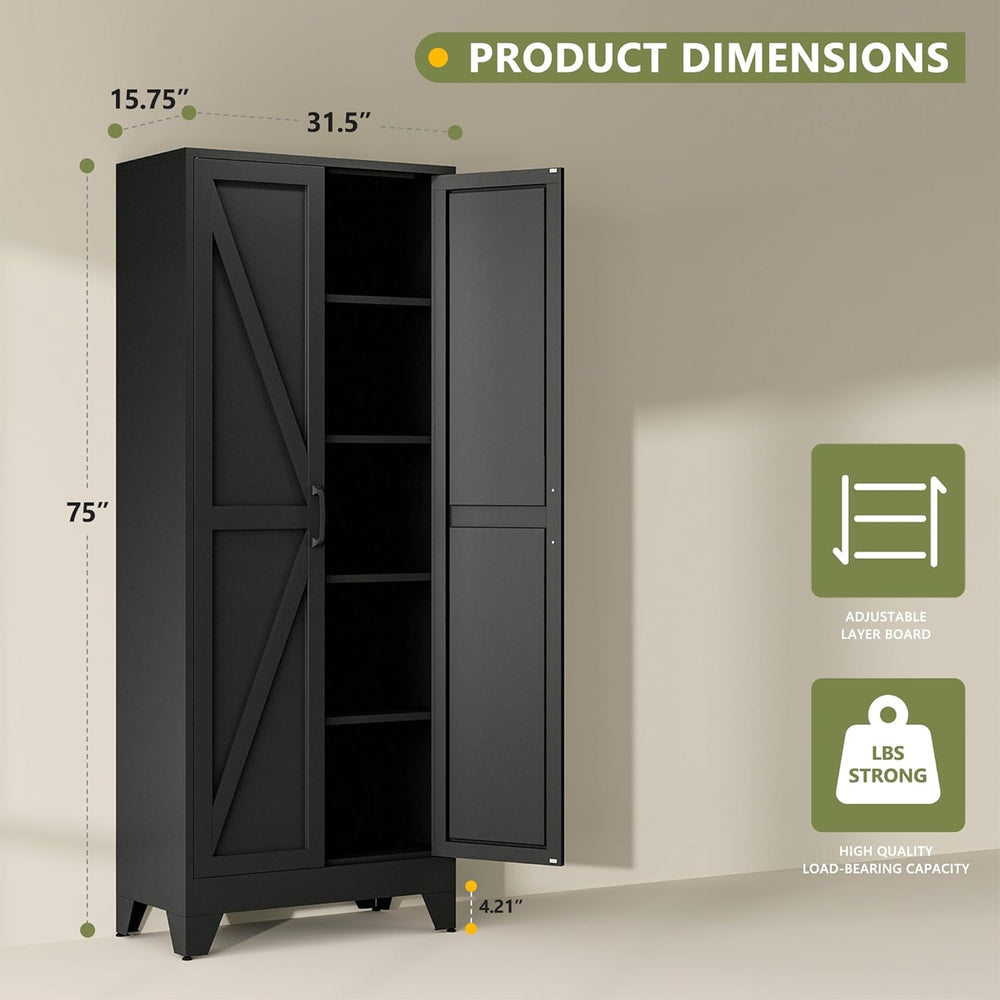 RAVIGIN Farmhouse Storage Cabinet,75" H Metal Pantry Cabinet with Barn D...