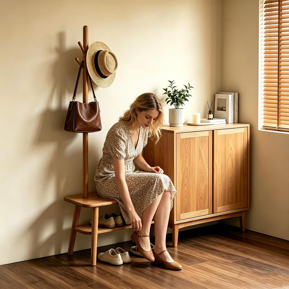 Solid Oak Coat Rack with Bench, 2-in-1 Shoe Bench and Coat Rack, Narrow Woode...