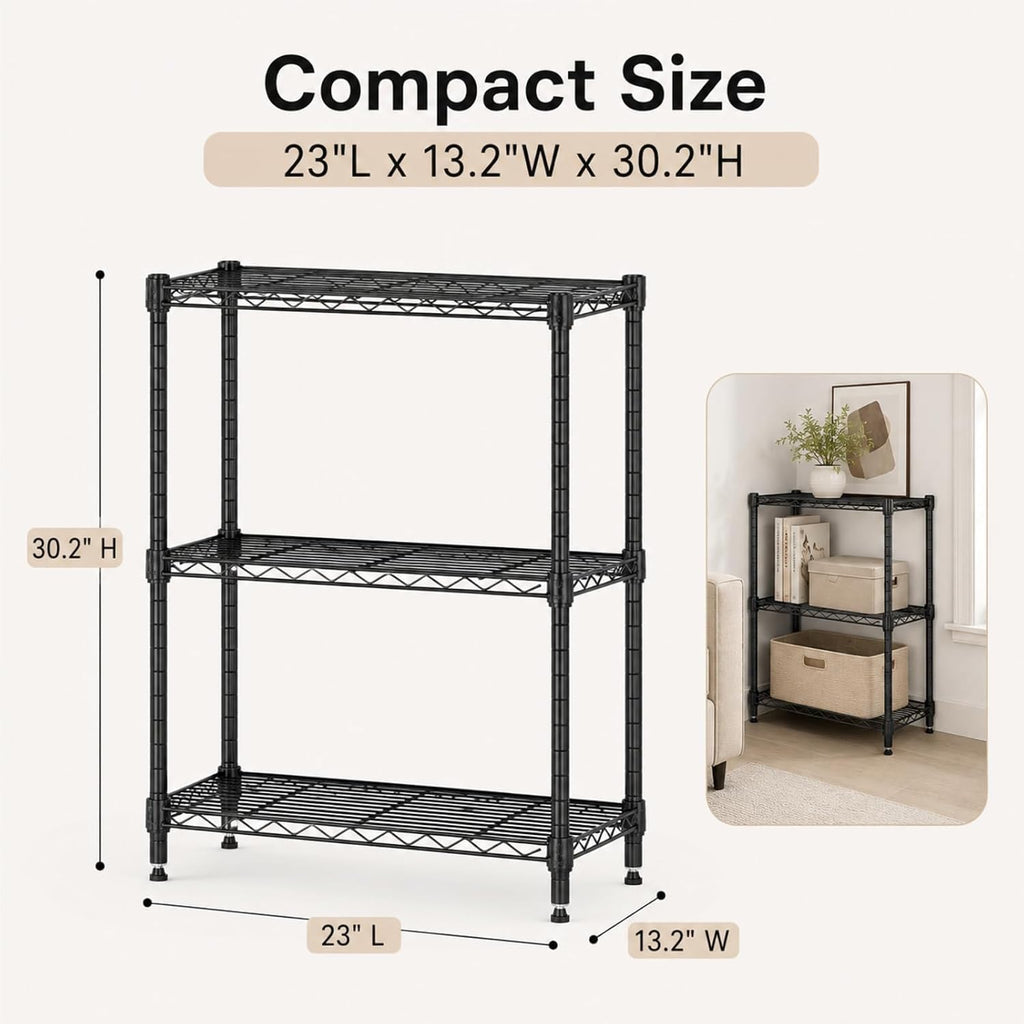 3-Tier Metal Wire Shelving Unit, Heavy Duty Adjustable Storage Rack for Laundry Room, Pantry, Kitchen, Garage Organization and Storage, Small Space Shelves (Black, 23"L × 13.2"W × 30.2"H)