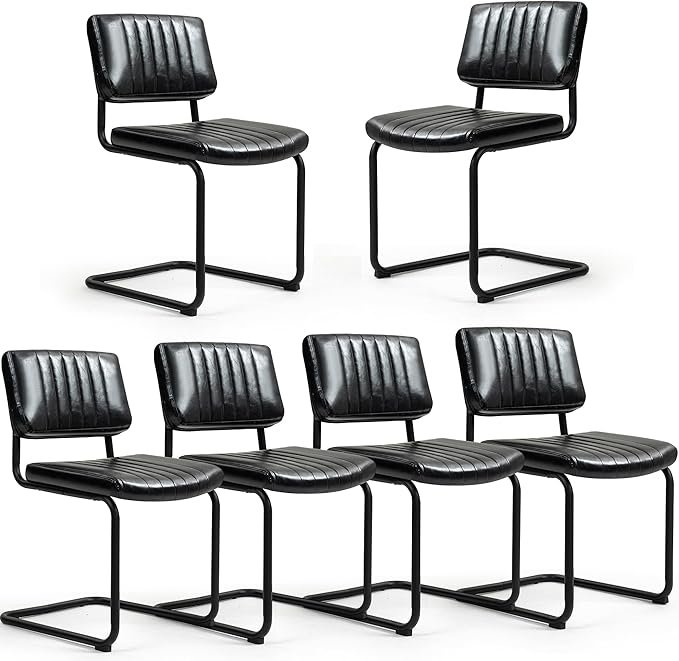 Cantilever Dining Chairs Set of 6, Mid Century Modern Dining Chairs with Black Metal Legs, Upholstered Leather Kitchen Chairs, Armless Cantilever Chair for Kitchen & Living Room, Black
