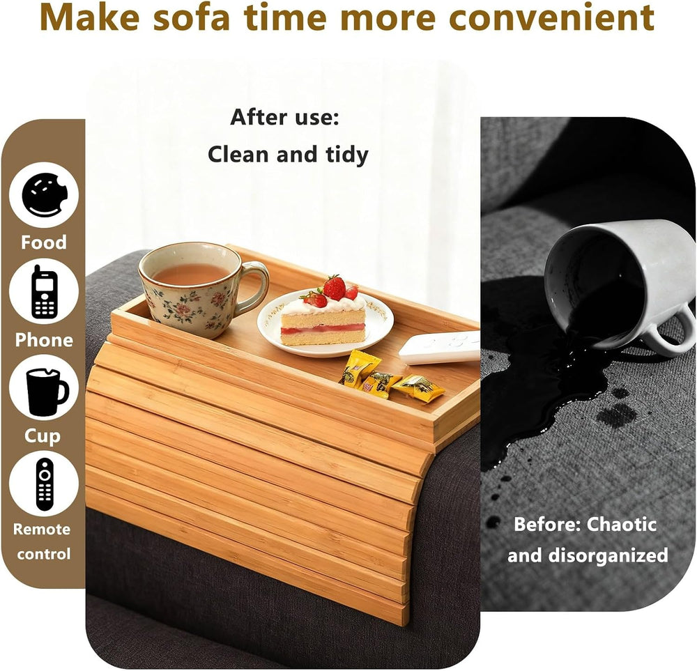 Bamboo Couch Arm Tray Table, Foldable Sofa Rest with Non-Slip Base Portable A...