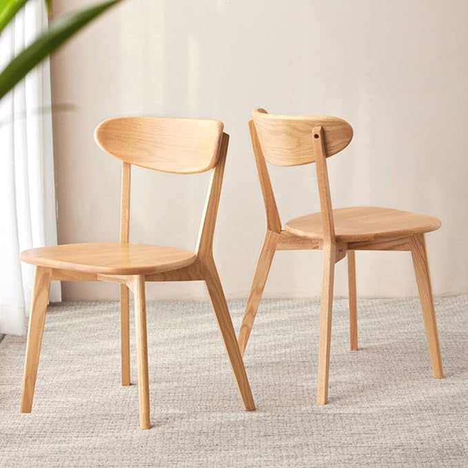 100% Solid Wood Dining Chairs Set of 2, Mid Century Modern with Wide Rounded Backrest, Chairs for Dining Room, Kitchen Chairs, Original Wood Color