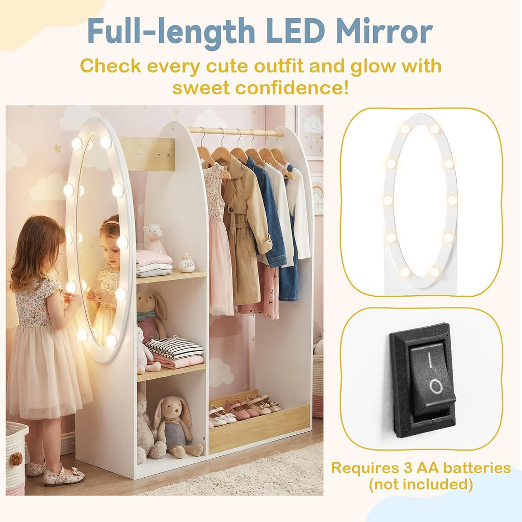 Olakids Kids Dress Up Storage with Mirror, Wooden Costume Wardrobe Closet with LED Lights Rack Storage Shelves 3 Hooks for Bedroom (Natural)