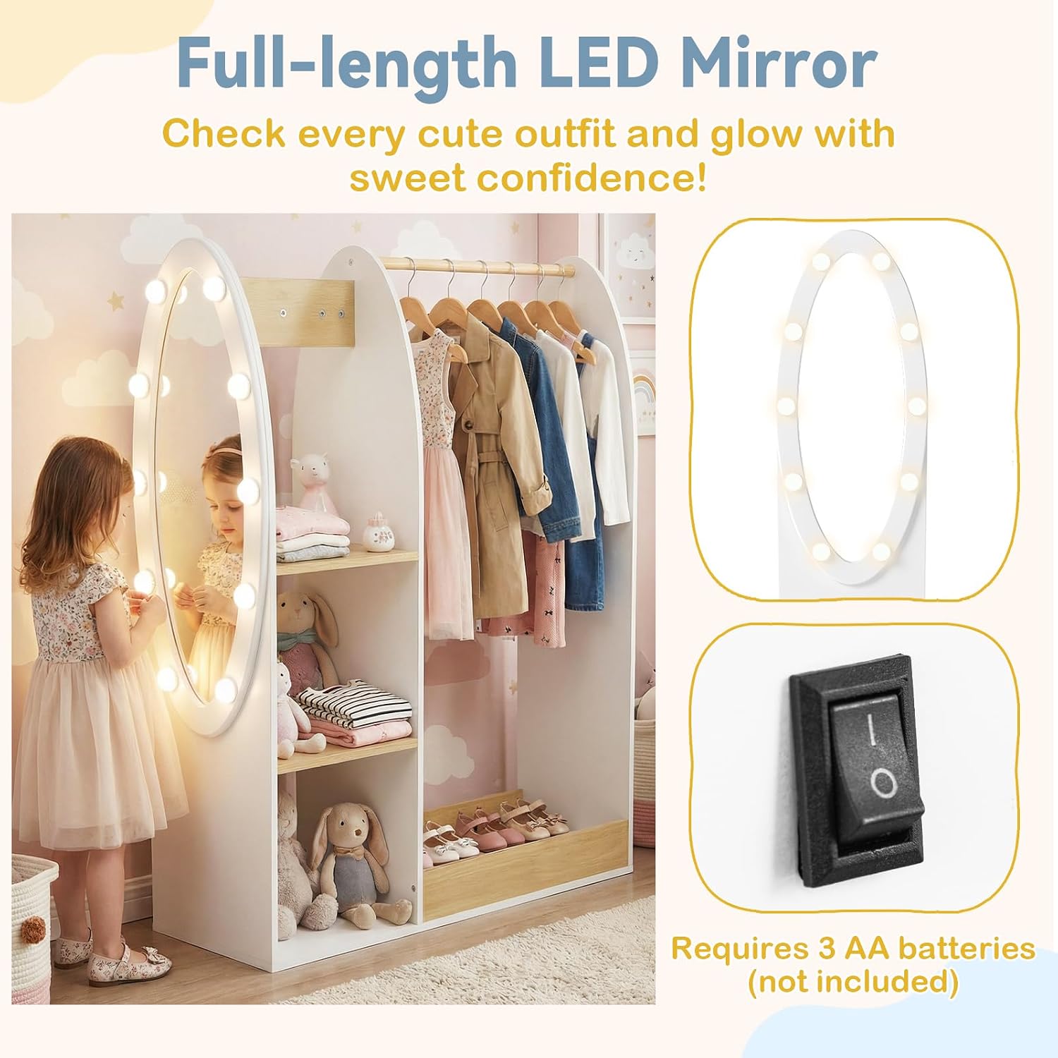 Olakids Kids Dress Up Storage with Mirror, Wooden Costume Wardrobe Closet with LED Lights Rack Storage Shelves 3 Hooks for Bedroom (Natural)