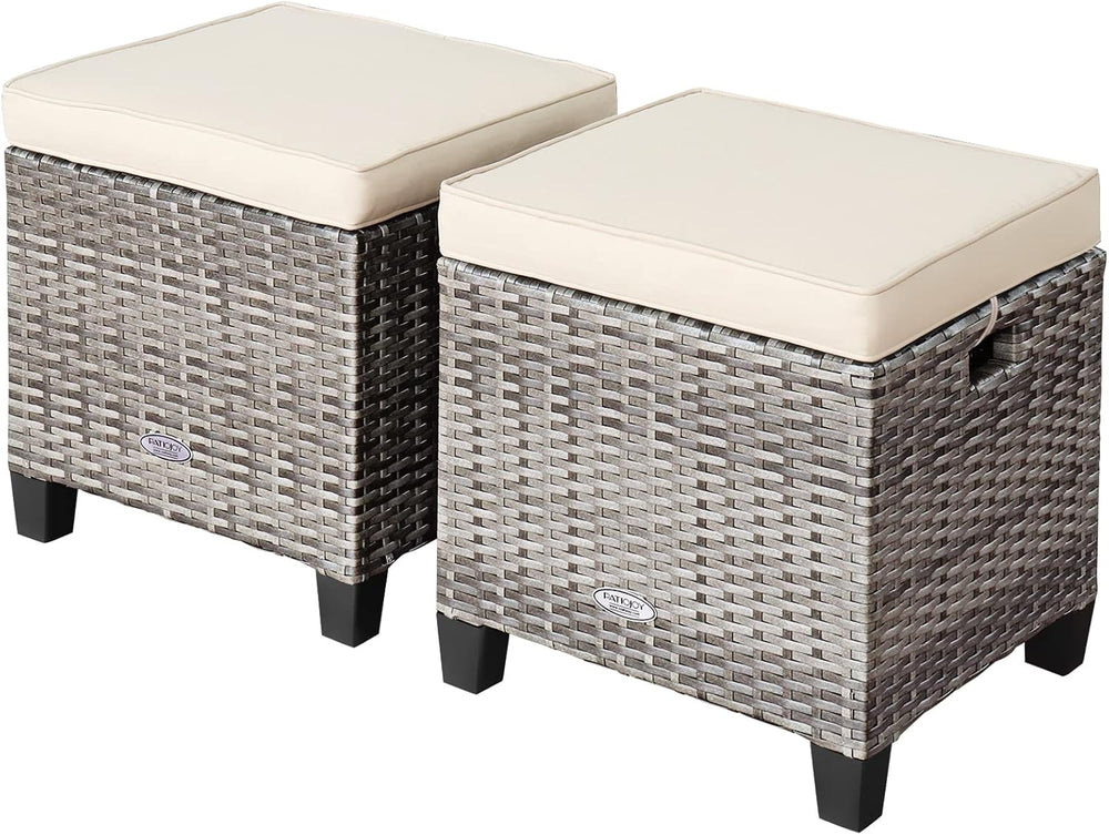 LDAILY Moccha 2 Pieces Patio Outdoor Ottoman, All Weather Rattan Patio Ottoma...