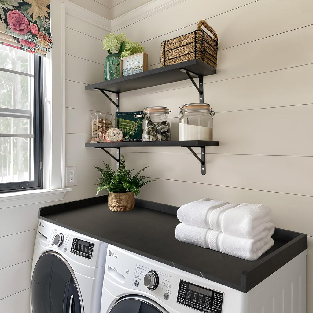 Kaboon Washer Dryer Countertop, Melamine Countertop with Edge Rails - 27.5" Depth x 54" Width Laundry Room Organization, Cloud Atlas/Black Marble Pattern
